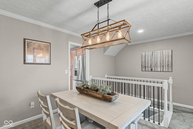 128 Walts Rd, Georgetown, IN 47122 - dining room featuring carpet floors, baseboards, crown molding, a textured ceiling, and recessed lighting