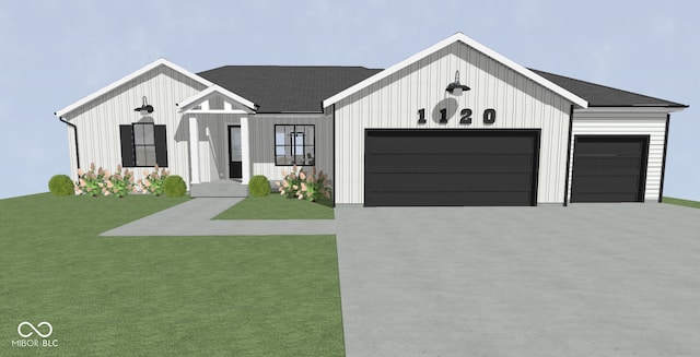 1120 Terrace Lake Rd, Columbus, IN 47201 - view of front of home with an attached garage, a front lawn, driveway, and board and batten siding