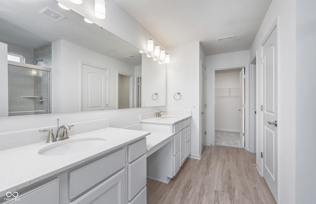 7151 Firestone Rd, Whitestown, IN 46052 - bathroom featuring vanity, wood finished floors, a stall shower, and a walk in closet