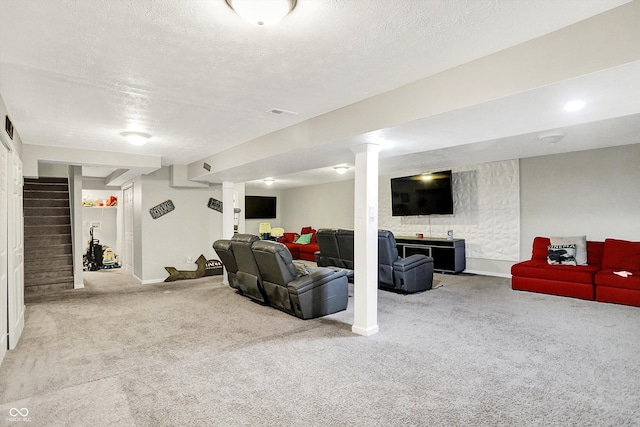 10902 Jimmy Lake Dr, Indianapolis, IN 46239 - carpeted living area featuring stairs and a textured ceiling