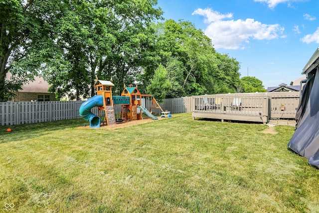 10902 Jimmy Lake Dr, Indianapolis, IN 46239 - fenced backyard featuring a playground and a wooden deck