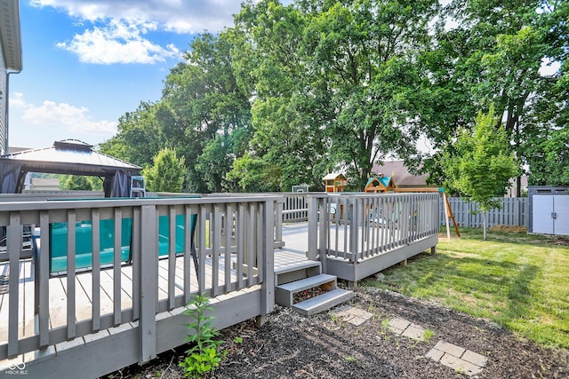 10902 Jimmy Lake Dr, Indianapolis, IN 46239 - wooden terrace with a gazebo and a storage unit