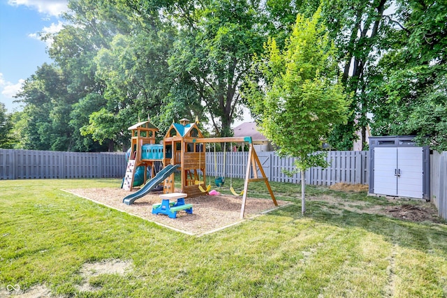 10902 Jimmy Lake Dr, Indianapolis, IN 46239 - view of play area featuring a fenced backyard and a shed