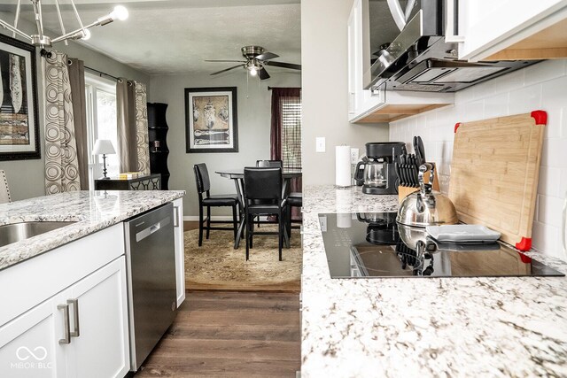 6180 Winnpeny Ln, Indianapolis, IN 46220 - kitchen with dishwasher, backsplash, white cabinetry, and dark wood-style floors