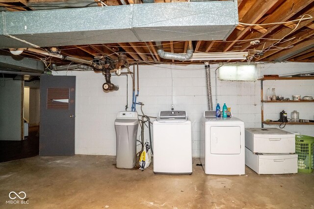 6180 Winnpeny Ln, Indianapolis, IN 46220 - unfinished basement with a water softener system, washer and dryer, and concrete block wall