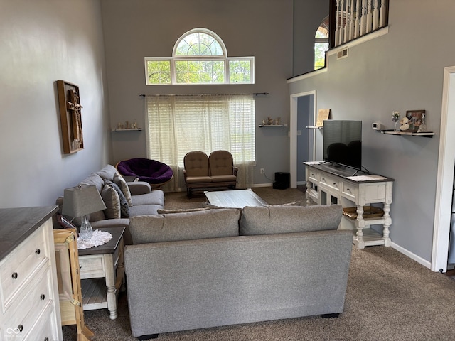 8926 Durban Ct, Indianapolis, IN 46234 - living area featuring a towering ceiling, carpet floors, and baseboards