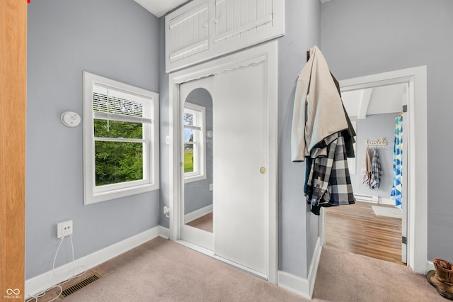 379 N Marion St, Morgantown, IN 46160 - entryway featuring carpet, baseboards, a towering ceiling, and arched walkways
