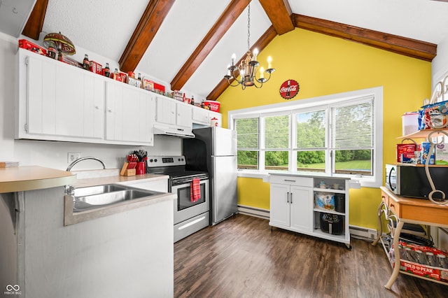 379 N Marion St, Morgantown, IN 46160 - kitchen featuring stainless steel appliances, a sink, under cabinet range hood, a baseboard radiator, and white cabinetry