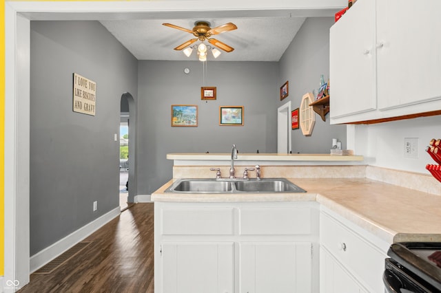 379 N Marion St, Morgantown, IN 46160 - kitchen featuring a sink, ceiling fan, dark wood-style floors, arched walkways, and light countertops