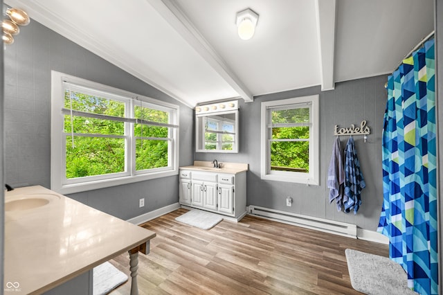 379 N Marion St, Morgantown, IN 46160 - full bath featuring vanity, healthy amount of natural light, a baseboard radiator, and wood finished floors