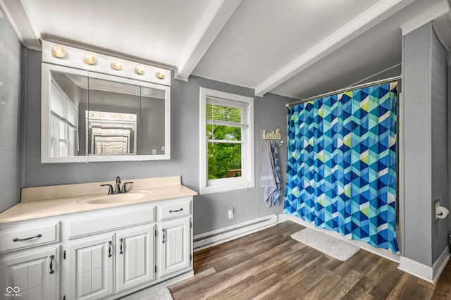 379 N Marion St, Morgantown, IN 46160 - bathroom with a baseboard radiator, beamed ceiling, vanity, wood finished floors, and a shower with curtain
