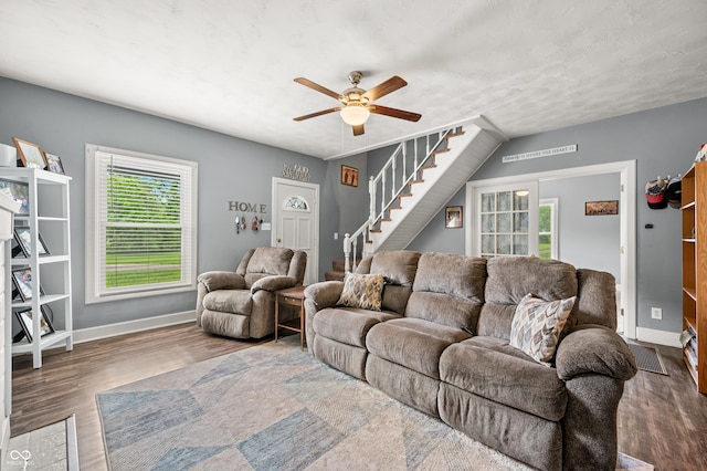 379 N Marion St, Morgantown, IN 46160 - living room featuring ceiling fan, wood finished floors, baseboards, and stairs