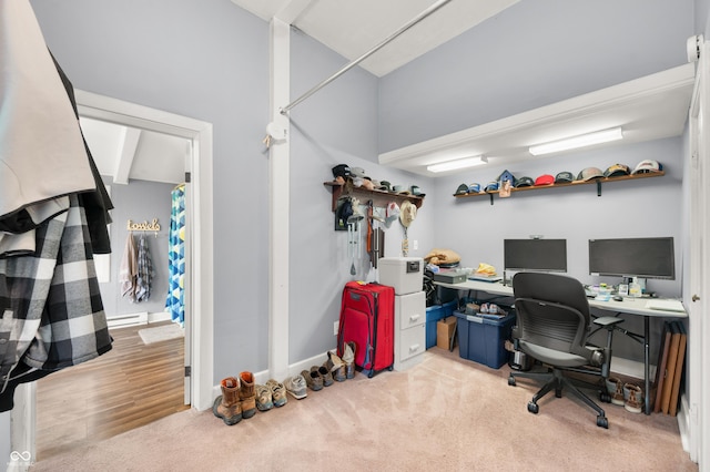 379 N Marion St, Morgantown, IN 46160 - home office featuring a baseboard heating unit, carpet, and baseboards
