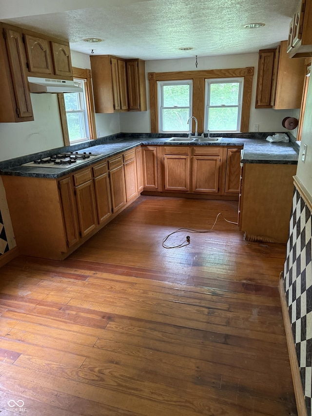 4931 Orion Ave, Indianapolis, IN 46201 - kitchen featuring a sink, under cabinet range hood, white gas stovetop, dark wood-type flooring, and a textured ceiling