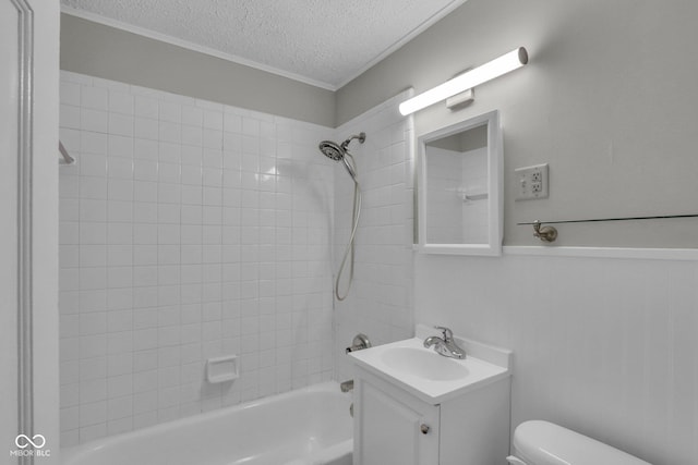 4708 Haverford Ave, Indianapolis, IN 46205 - bathroom with a textured ceiling, vanity, shower / tub combination, and ornamental molding