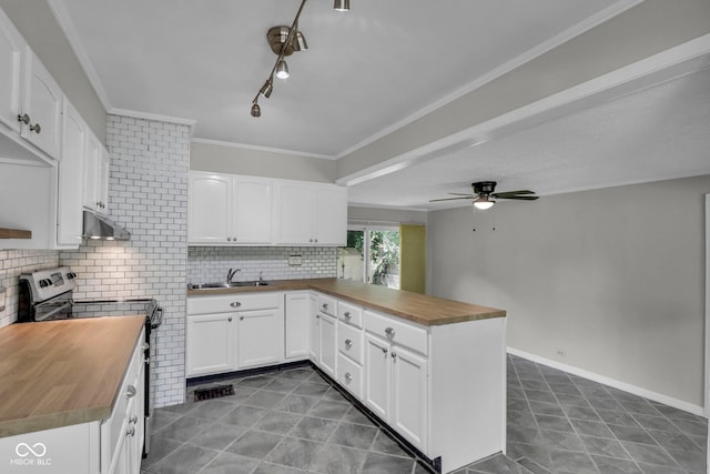 4708 Haverford Ave, Indianapolis, IN 46205 - kitchen with butcher block countertops, stainless steel electric range oven, a peninsula, under cabinet range hood, and ornamental molding