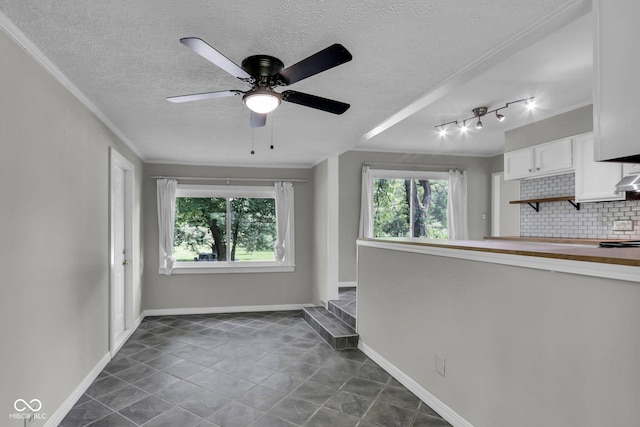 4708 Haverford Ave, Indianapolis, IN 46205 - unfurnished living room featuring healthy amount of natural light, crown molding, a textured ceiling, ceiling fan, and rail lighting
