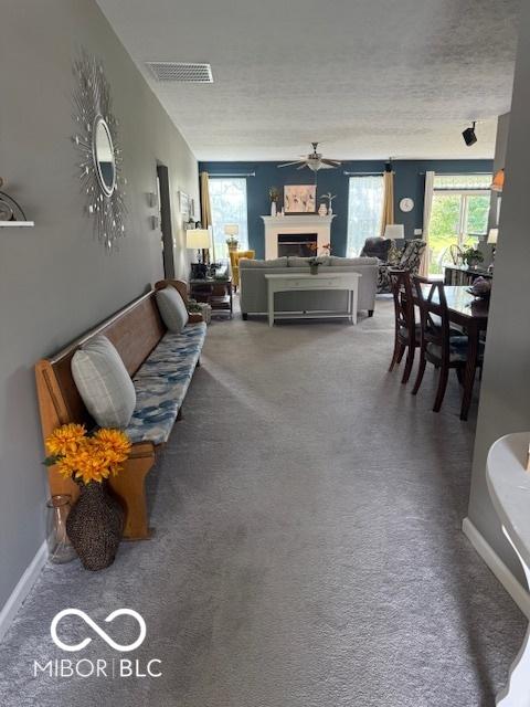 5304 Appleseed Way, Indianapolis, IN 46217 - carpeted living area with a fireplace and ceiling fan