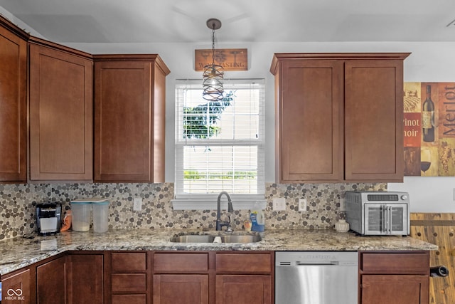 2211 Willowview Dr, Indianapolis, IN 46239 - kitchen featuring dishwasher, decorative backsplash, light stone countertops, and decorative light fixtures