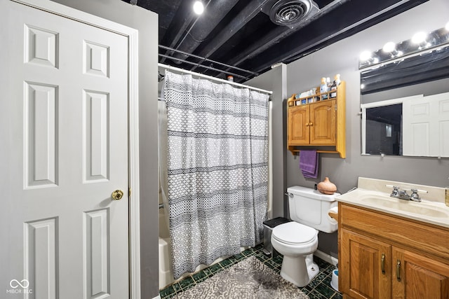 527 E 125 S, Williamsport, IN 47993 - full bath featuring toilet, vanity, shower / tub combo, and tile patterned floors