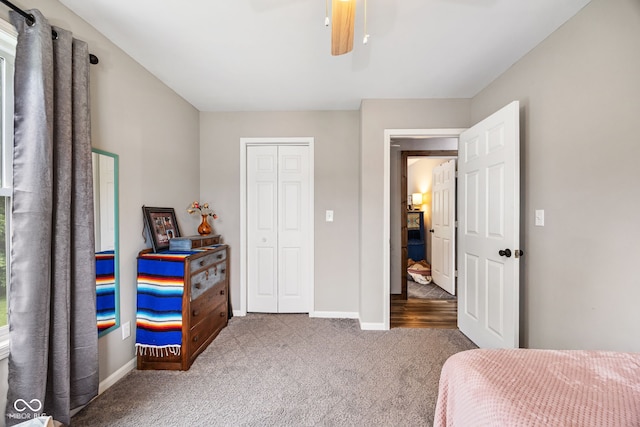 527 E 125 S, Williamsport, IN 47993 - bedroom featuring carpet, baseboards, a closet, and ceiling fan