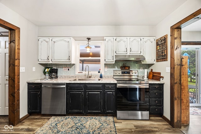 527 E 125 S, Williamsport, IN 47993 - kitchen featuring appliances with stainless steel finishes, a sink, under cabinet range hood, dark cabinets, and light wood-style floors