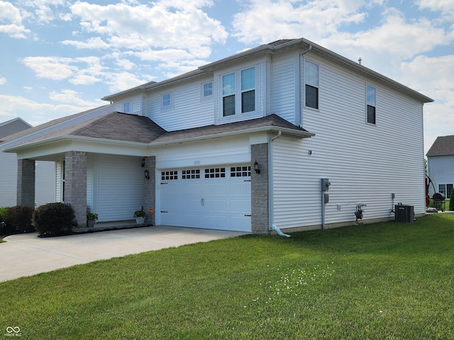 6731 Keepsake Dr, Whitestown, IN 46075 - view of side of property with central AC, a yard, driveway, a garage, and stone siding