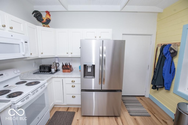 2640 E County Road 600 S, North Vernon, IN 47265 - kitchen featuring white appliances, light wood finished floors, light countertops, white cabinets, and beamed ceiling