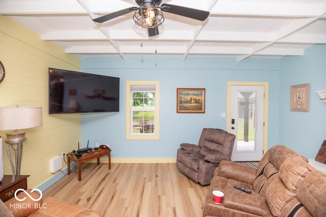2640 E County Road 600 S, North Vernon, IN 47265 - living room featuring wood finished floors, a ceiling fan, wooden walls, beam ceiling, and baseboards