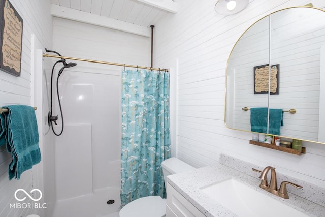 2640 E County Road 600 S, North Vernon, IN 47265 - full bathroom with wooden walls, toilet, a shower with shower curtain, vanity, and beam ceiling