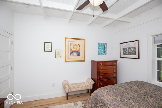 2640 E County Road 600 S, North Vernon, IN 47265 - bedroom featuring wood finished floors, beamed ceiling, baseboards, and a ceiling fan
