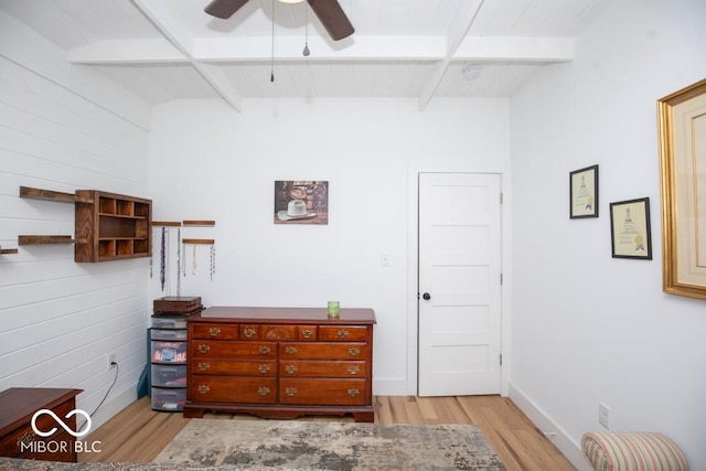 2640 E County Road 600 S, North Vernon, IN 47265 - bedroom featuring wood finished floors, beamed ceiling, baseboards, and ceiling fan