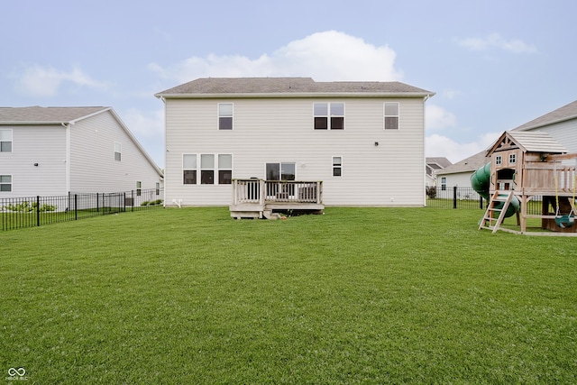 15598 Memorial Way, Fishers, IN 46037 - rear view of house featuring a playground, a fenced backyard, and a deck