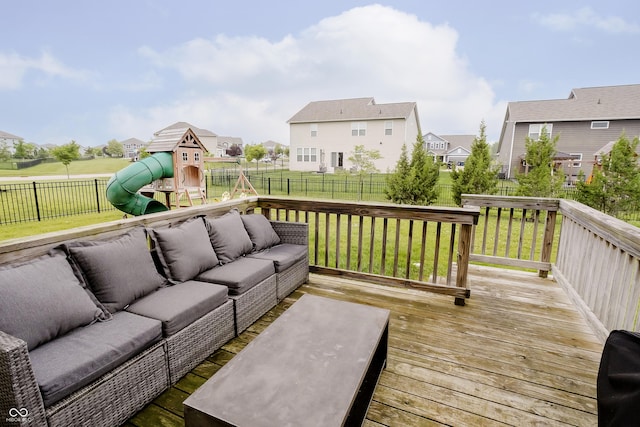 15598 Memorial Way, Fishers, IN 46037 - deck with an outdoor living space, a fenced backyard, a residential view, and a playground