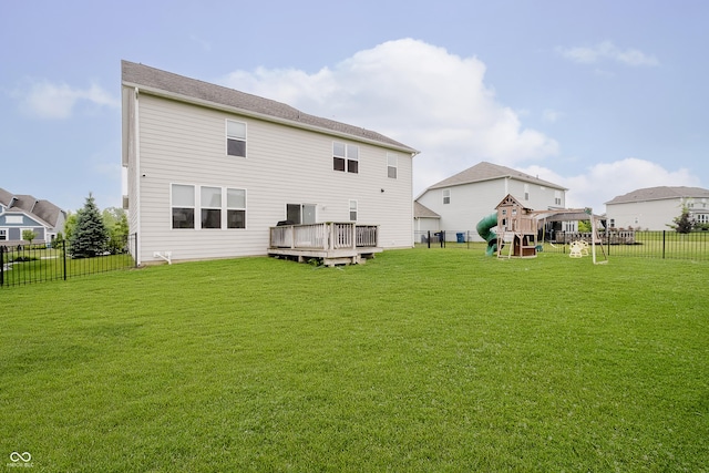 15598 Memorial Way, Fishers, IN 46037 - rear view of house featuring a playground, a fenced backyard, and a deck