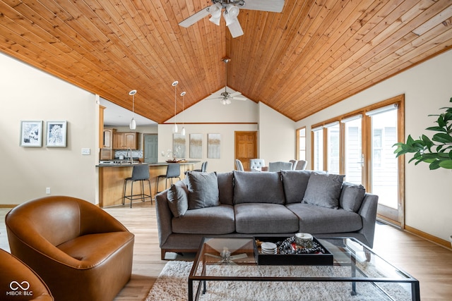 5695 N Red Oak Dr, Greenfield, IN 46140 - living area featuring a ceiling fan, vaulted ceiling, light wood-style flooring, and wooden ceiling