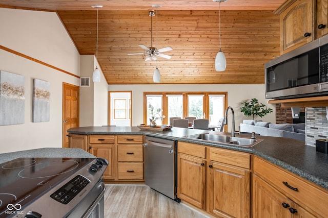 5695 N Red Oak Dr, Greenfield, IN 46140 - kitchen featuring appliances with stainless steel finishes, wooden ceiling, dark countertops, light wood-type flooring, and pendant lighting