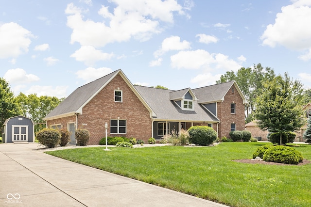5695 N Red Oak Dr, Greenfield, IN 46140 - view of front of home featuring brick siding, a storage unit, a front lawn, and a shingled roof
