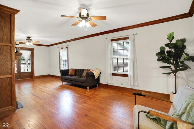 6644 Mcfarland Rd, Indianapolis, IN 46227 - living room with a ceiling fan, light wood finished floors, and ornamental molding