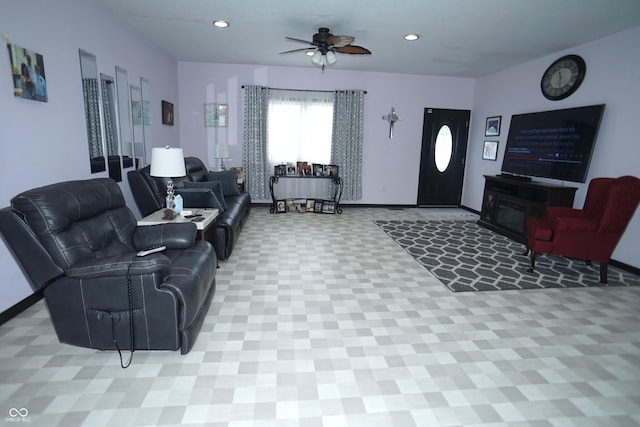 1673 W Integrity St, Greensburg, IN 47240 - living room with a ceiling fan, light colored carpet, recessed lighting, and baseboards