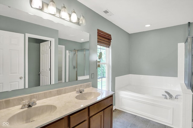 1343 Turfway Dr, Avon, IN 46123 - full bathroom featuring a bath, a shower stall, double vanity, and tile patterned floors