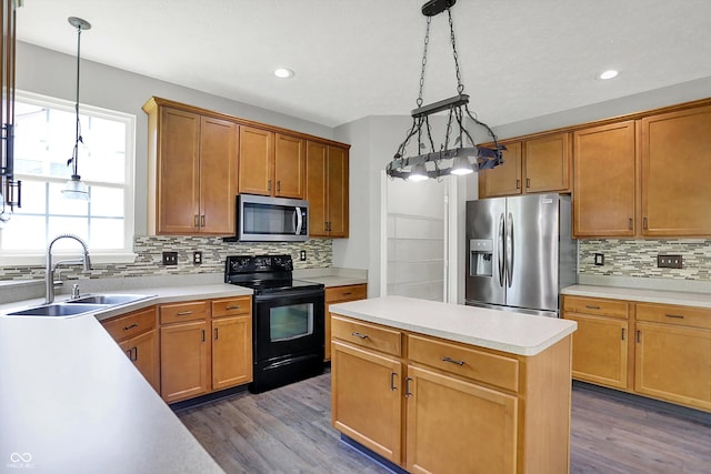 1343 Turfway Dr, Avon, IN 46123 - kitchen with stainless steel appliances, tasteful backsplash, dark wood-type flooring, light countertops, and pendant lighting