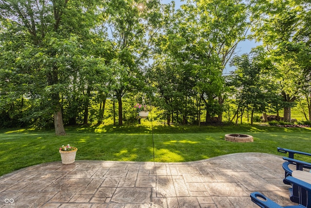 1343 Turfway Dr, Avon, IN 46123 - view of green lawn with a fire pit, a patio, and view of wooded area