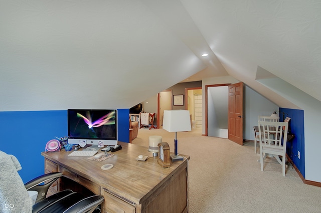 214 W Stoney Trl, Greenfield, IN 46140 - office space featuring vaulted ceiling, carpet floors, and recessed lighting
