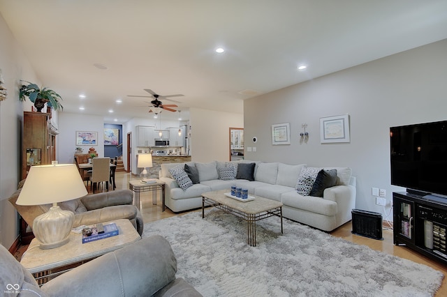 214 W Stoney Trl, Greenfield, IN 46140 - living area with ceiling fan, recessed lighting, and light wood-type flooring