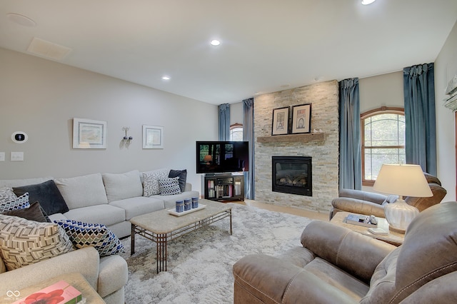 214 W Stoney Trl, Greenfield, IN 46140 - living area with recessed lighting and a stone fireplace