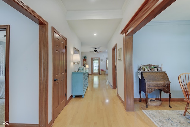 214 W Stoney Trl, Greenfield, IN 46140 - corridor with light wood-style flooring, recessed lighting, and ornamental molding