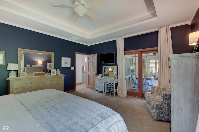 214 W Stoney Trl, Greenfield, IN 46140 - carpeted bedroom featuring a tray ceiling, access to outside, ceiling fan, and crown molding