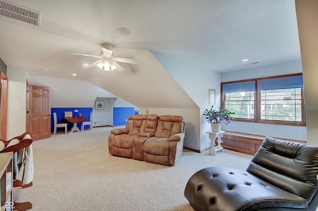 214 W Stoney Trl, Greenfield, IN 46140 - living area with carpet floors, ceiling fan, lofted ceiling, and recessed lighting