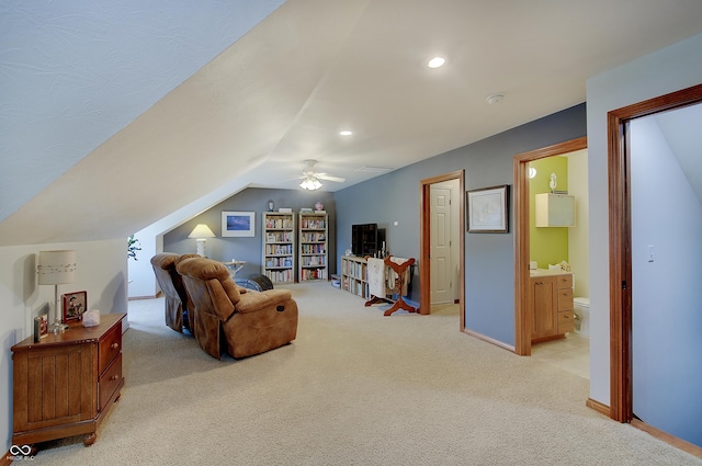 214 W Stoney Trl, Greenfield, IN 46140 - living room with light carpet, vaulted ceiling, a ceiling fan, and recessed lighting